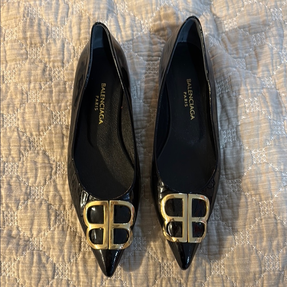 Balenciaga Black and Gold Flats with Double B Logo